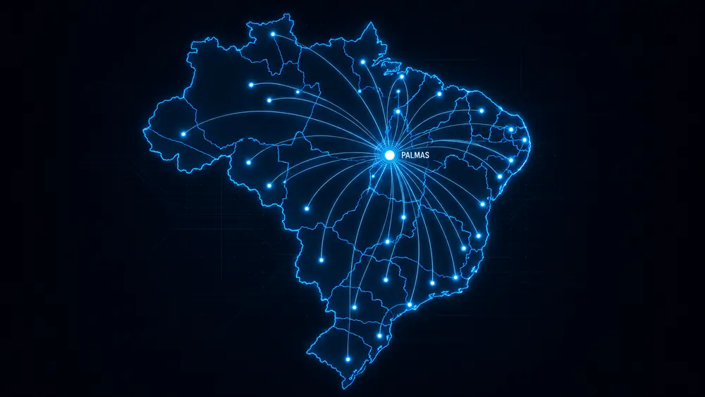 Mapa do Brasil com conexões saindo do data center da IDX Data Centers em Palmas para todas as capitais
